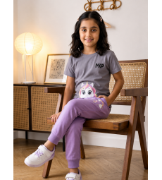 Girls pajama set unicorn grey and light purple