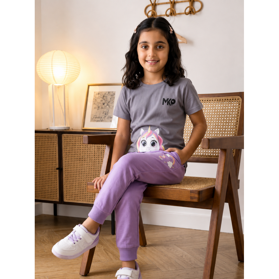Girls pajama set unicorn grey and light purple